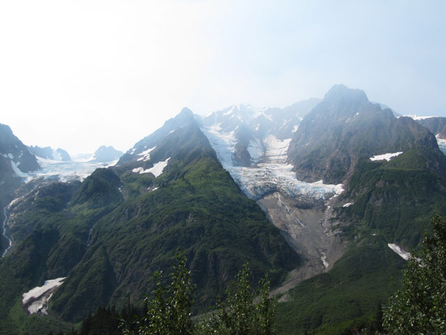 Mountains, capped with hanging glaciers...