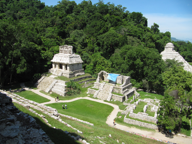 Two of the temples built by Pakal's son, with the Temple of Inscriptions in the background...