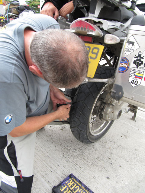 Kevin repairing Julia's tyre...