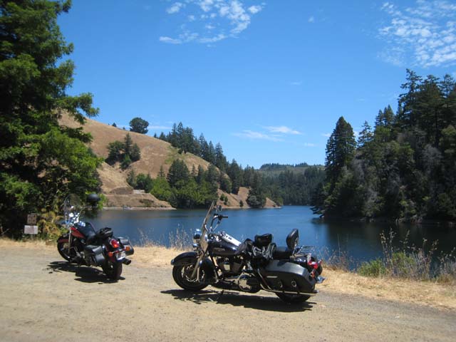 The Harley and its Shadow sat by the Tamilpais Watershed reservoir