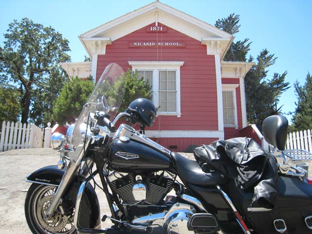 The Harley outside Nicasio school, built in 1871