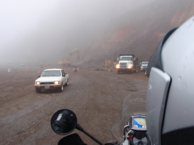 On bike with Ed & Lorraine in the mist and roadworks...