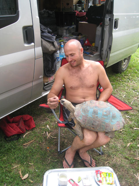 Jeff, with a friendly giant tortoise...