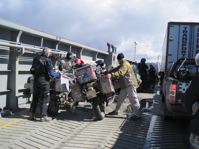 Watching the bikes on the ferry across the Straits of Magellan...