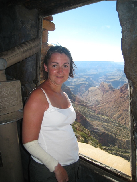 Tracy looks down on the canyon from the watchtower…