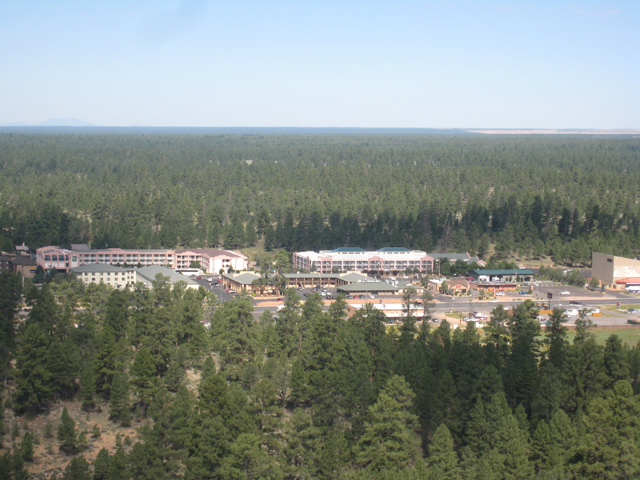 Tusayan from the air, with the Red Feather Lodge (and our room) in the centre