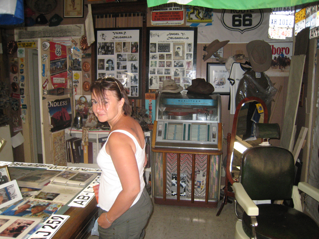 Tracy inside Angel’s famous barber’s shop turned museum, Seligman, Route 66…