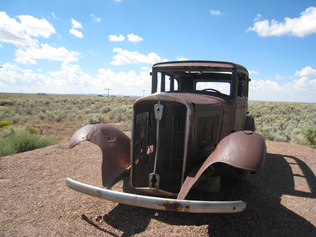 An abandoned car, sits on the original site where Route66 passed through the park…