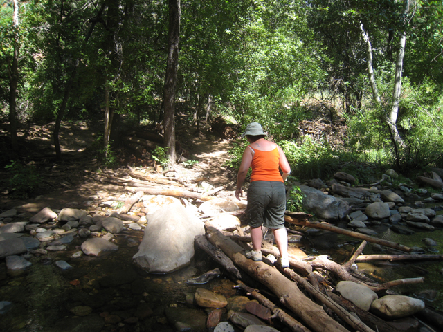 Tracy makes her way across another makeshift bridge…