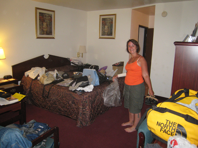 Tracy stands looking at all our stuff and wonders how we’re going to get it all back in the bags…