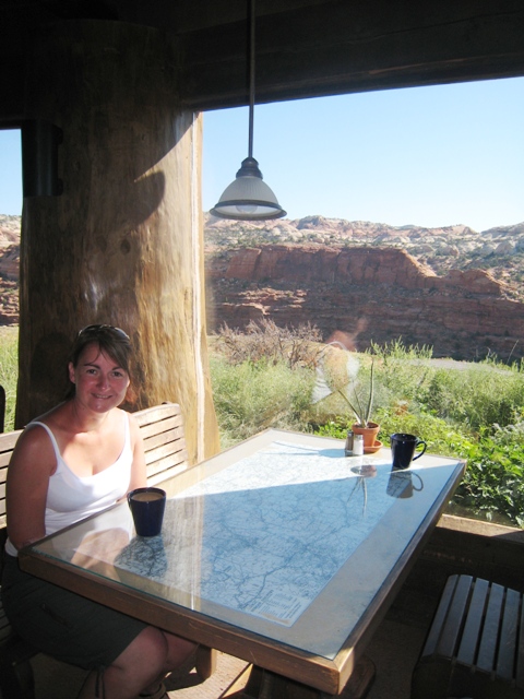 Tracy enjoys a strong coffee in the Kiva Coffee House